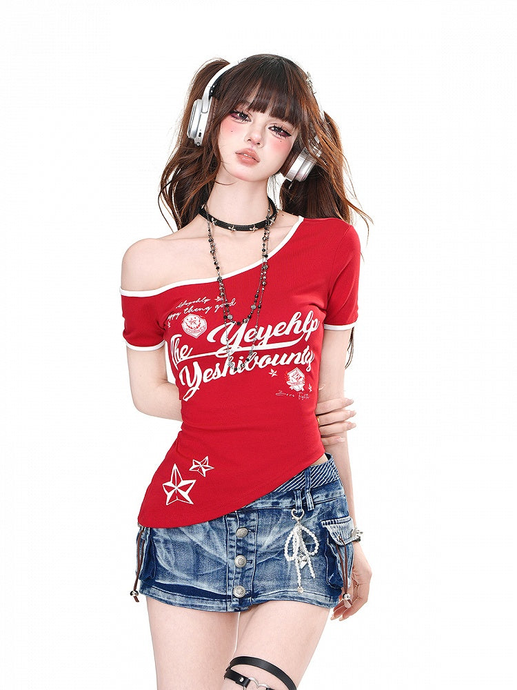 Black/Red Asymmetrical Neckline and Hem Letter Print Glamorous T-Shirt