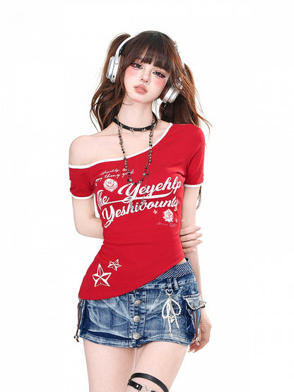 Black/Red Asymmetrical Neckline and Hem Letter Print Glamorous T-Shirt