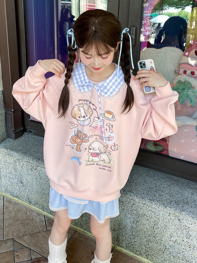 愛らしい漫画の子犬プリントのピンクのラウンドネックルーズスウェットシャツ