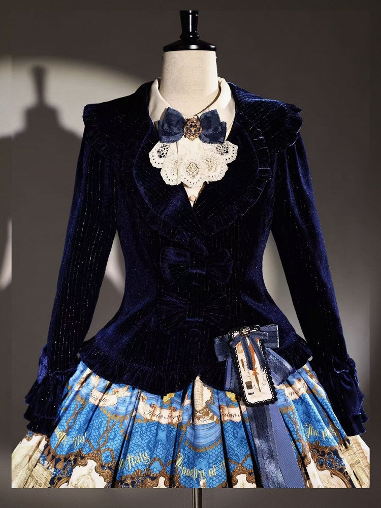 Navy Classic Striped Shimmer Lolita Coat with Bell Sleeve Silhouette - Alice Girl