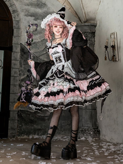 Witch-Themed Cross Accent Lolita JSK Full Ensemble in Black and Pink with Bow Train, Cape, Detachable Sleeves, Hat and Outer Sleeves - Felinae Cookie