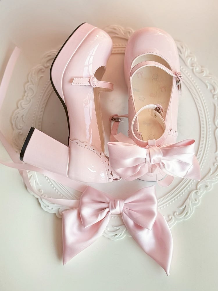 Lolita Mary Elegant with Pink Design High-heel Snap Bows Detachable Janes