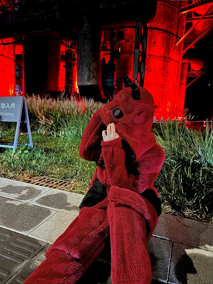 Gothic Pants Pajama with Winter Plush Nightgown Set Red Devil