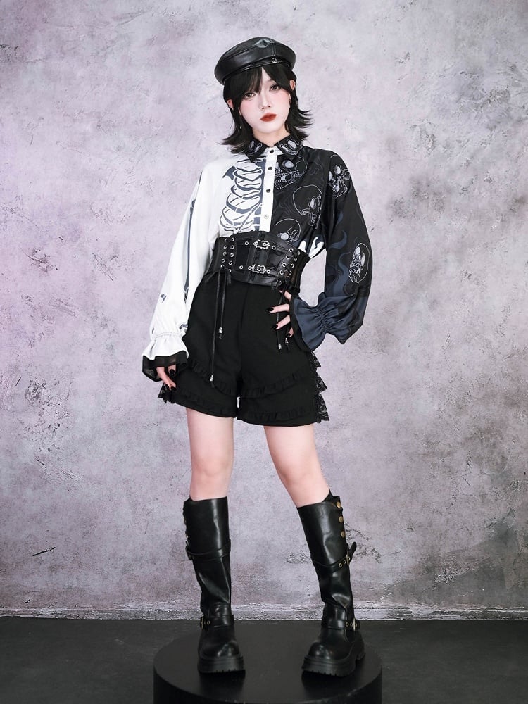 Gothic Black and White Balloon Sleeve Shirt with Asymmetric Skeleton Print - Quirky Hut
