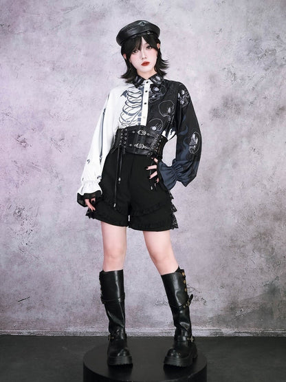 Gothic Black and White Balloon Sleeve Shirt with Asymmetric Skeleton Print - Quirky Hut