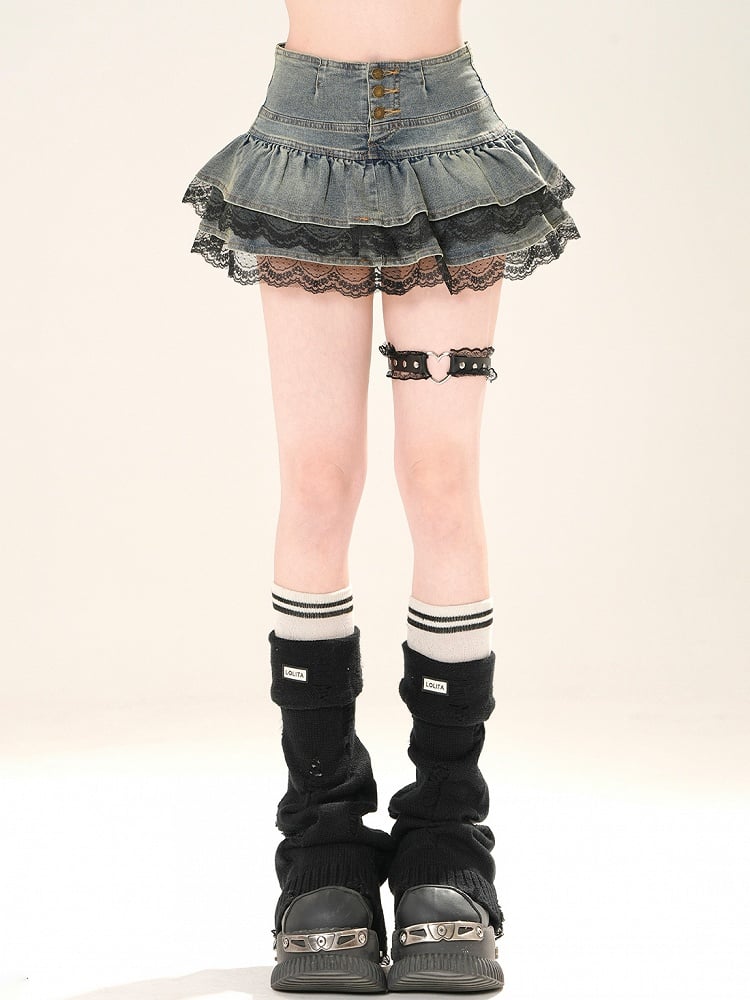 Glamorous Skirt Tiered Denim Trim Bittersweet Lace Black