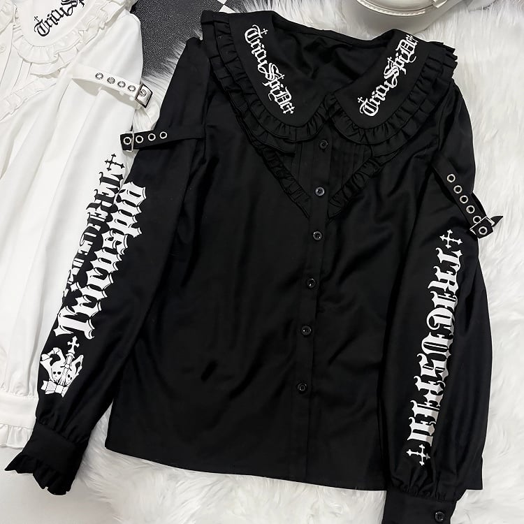 パンクディテールレターパンバックルプリントピーターブラウスカラーブラックエモ