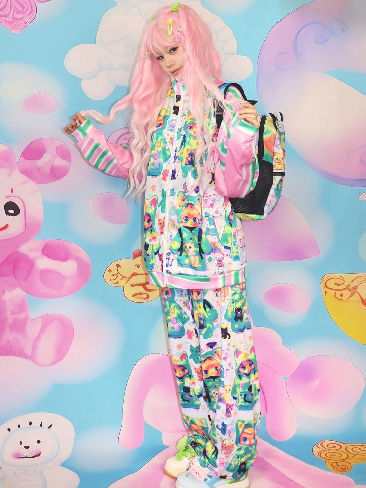 Print Cat Jacket Y2K PinkGreen