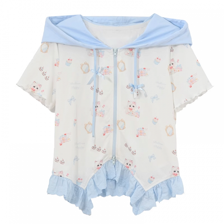 ジップアップフード付きキュートなキティプリントカーブヘムレースブルートリムTシャツ