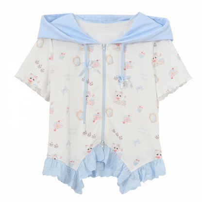 ジップアップフード付きキュートなキティプリントカーブヘムレースブルートリムTシャツ