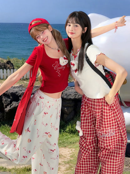 詳細 取り外し可能なキティのぬいぐるみネックラインストーンレッドスクエア付きTシャツ