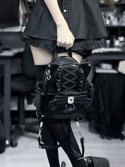 Black Kei Cat Ear Backpack With Beaded and Rhinestone Bow Jirai