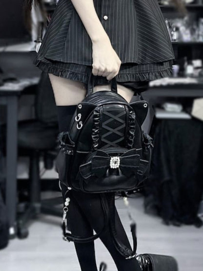 Black Kei Cat Ear Backpack With Beaded and Rhinestone Bow Jirai