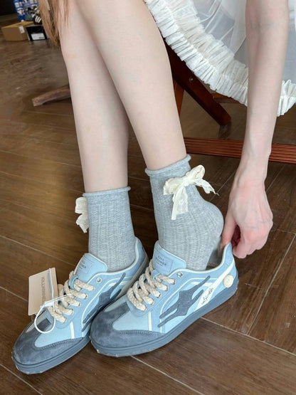 Ribbed Ankle Socks with Bowknot in Three Colors - Xi Shang Mei Shao