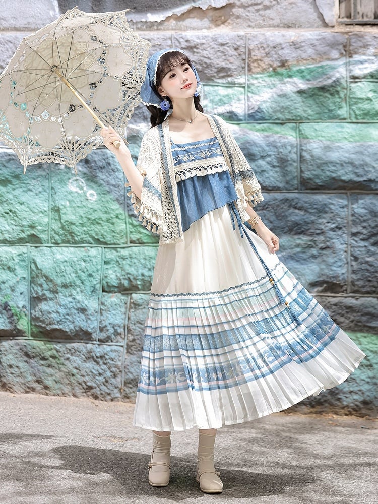 White and Blue Lace Tassel Cardigan with Floral Print Sleeveless Pleated Dress - Han Ru Chu Hanfu &amp; Han-Element Studi