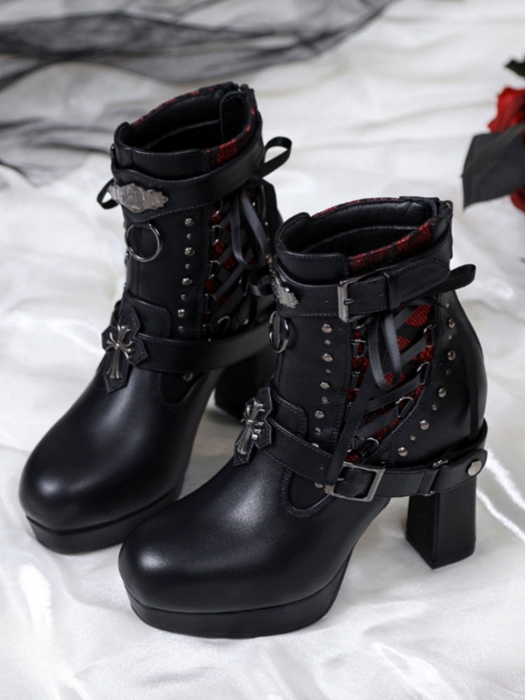 Gothic Lacing Crisscross Studded System PU Dual Black Fastening Boots Details - with High-heel Ankle