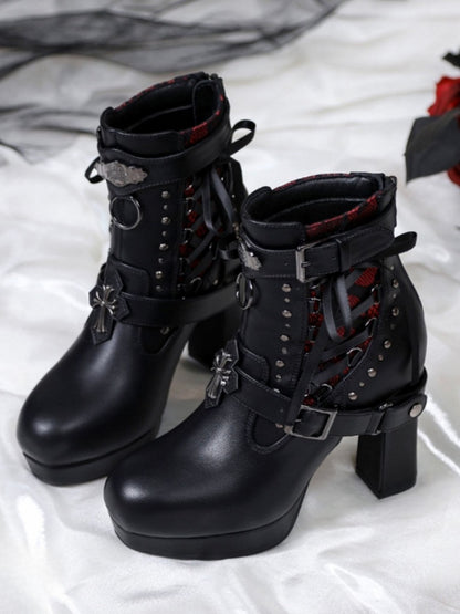Gothic Lacing Crisscross Studded System PU Dual Black Fastening Boots Details - with High-heel Ankle