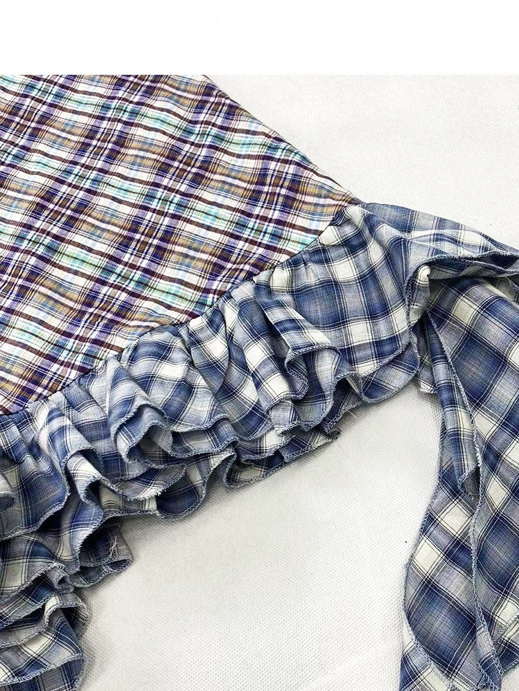 Pattern Asymmetrical Plaid Glamorous Cami Hem Y2K Top BluePurple