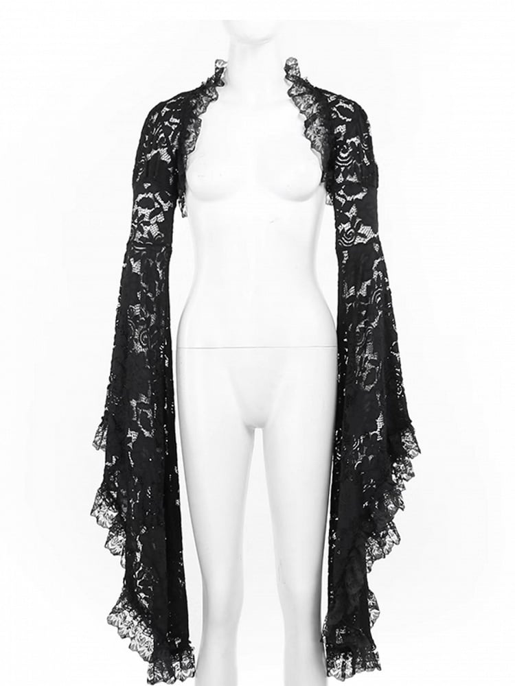 Black Lace Shrug Embroidery Sleeve Floral Trim Bell Gothic Halloween with