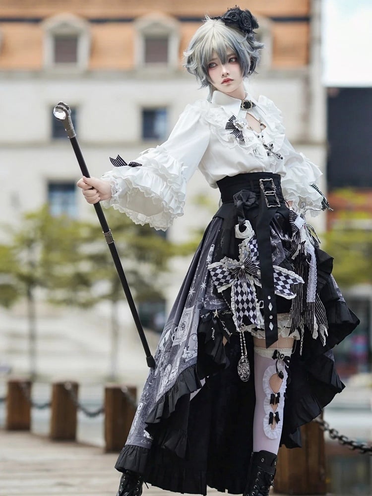 Lolita High-low Skirt Outfit Vibes Black Belt Ouji Shorts Circus Print + Shirt Bunny Corset - White