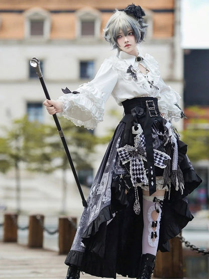 Lolita High-low Skirt Outfit Vibes Black Belt Ouji Shorts Circus Print + Shirt Bunny Corset - White