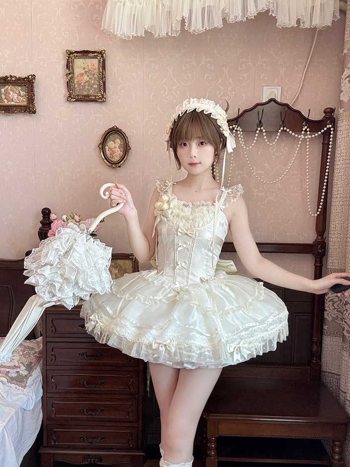 Beige Flutter Sleeves Bowknots Dress Bodice JSK on Balletcore Sweet Lolita Puffy
