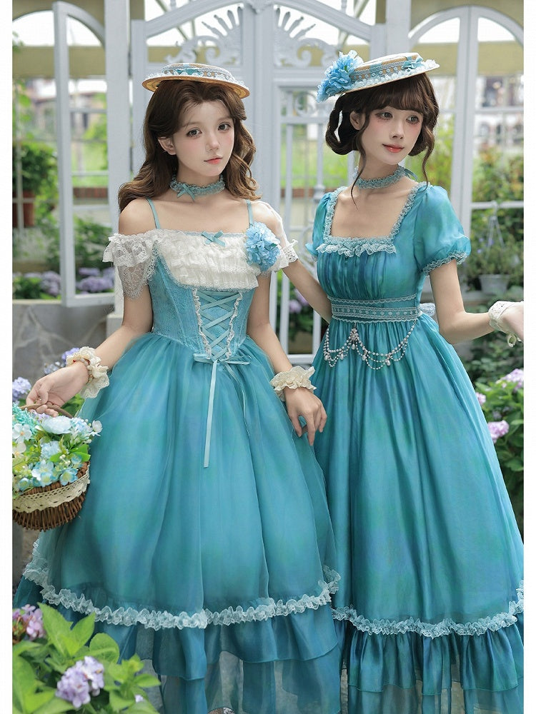 Teal Flutter-Sleeve JSK Dress with Lace-Up Back and Tiered Skirt - With PUJI