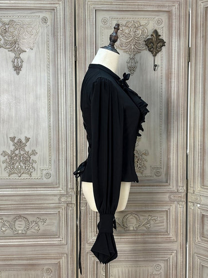 Long-sleeved with Lolita Ruffled Jabot Placket Blouse Tie and White
