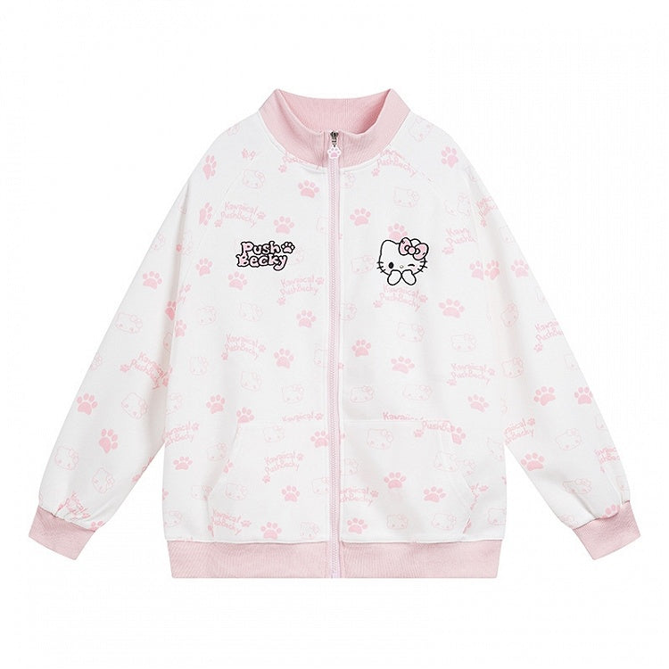 ブラック/ピンク/ライトブルーのキティ柄 ジップアップ スウェットシャツ
