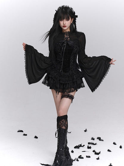 with Black Shrug Bell Sleeves Crop Lace-Trimmed Closure Gothic Cross-Tie