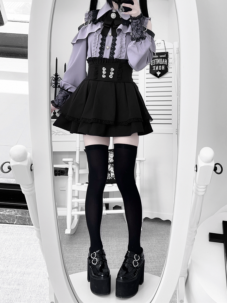 | Shoulder Kei Cutout Blouse with Dusty Purple Heart Decorative Look Buckle Jirai