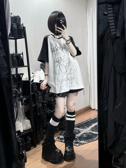 White Landmine Style Raglan Short Sleeve Tee with Hot-Fix Rhinestone & Graphic Accents - Puzzles