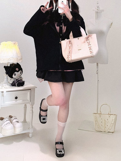 Jirai Crossed Bunny Kei Otaku Hood with Zip-Up Ears Hoodie