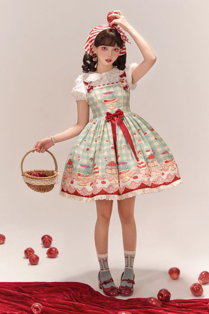 Mint Green Gingham Pattern Cherry and Dessert Sweet Lolita Jumper Skirt