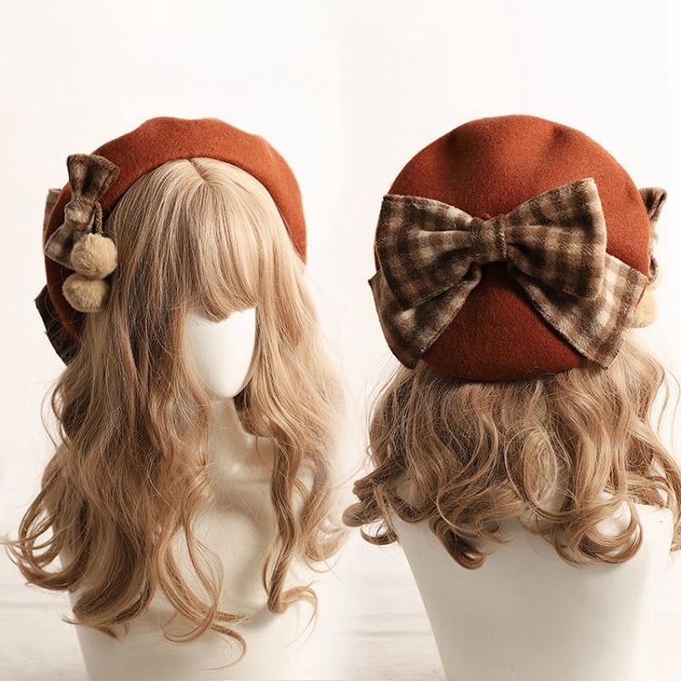 Coffee/Khaki/Caramel/Beige with Bow Beret Pom-Pom Accents Plaid