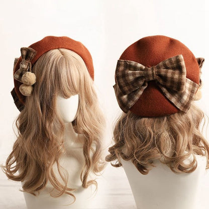 Coffee/Khaki/Caramel/Beige with Bow Beret Pom-Pom Accents Plaid