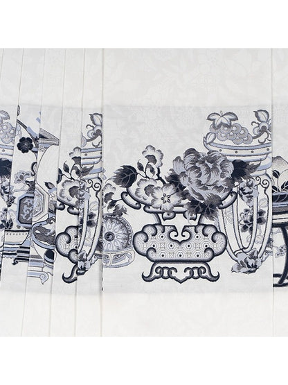 Blue & White Long Mamian Skirt with Porcelain Embroidery - Yimu Walnut