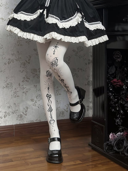 Strumpfhose Schmetterling und Kandelaber Print Gothic Lolita Weiß