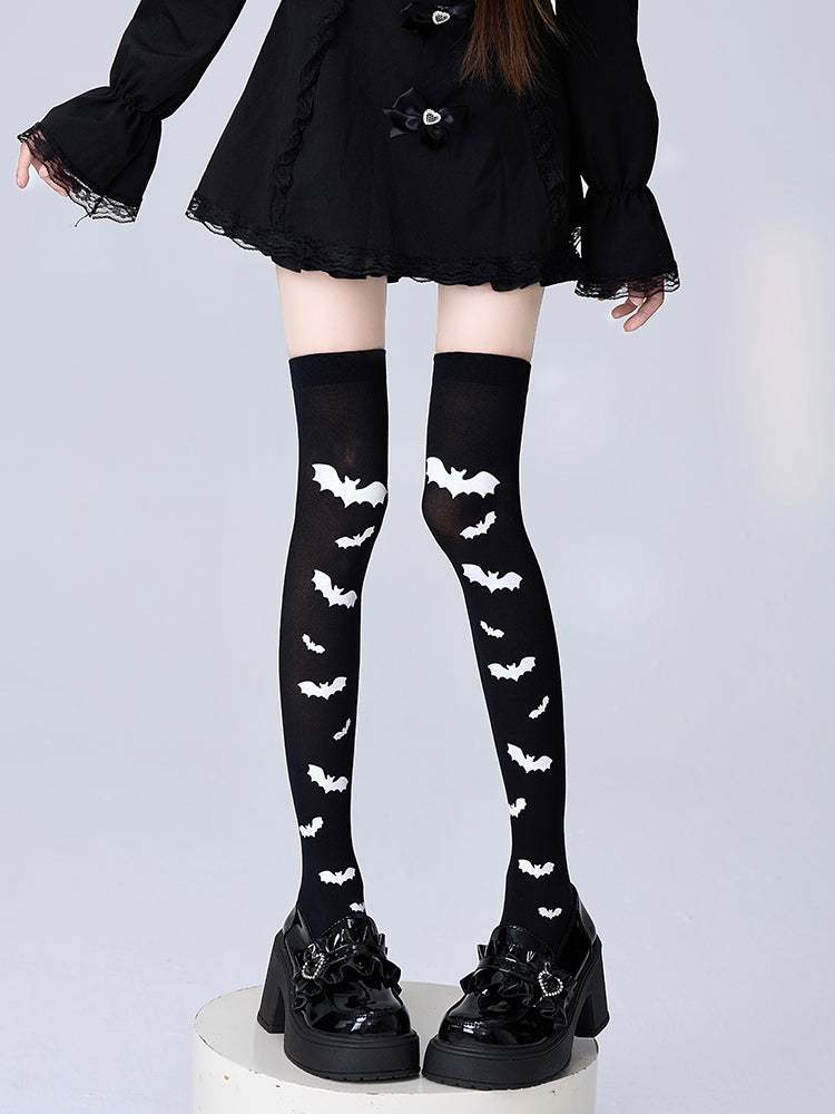Over Black Bat White Knee Pattern Stockings