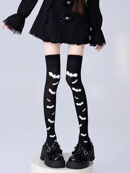 Over Black Bat White Knee Pattern Stockings