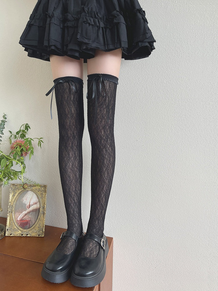 Milk White/Black Bowknot Overknee Stockings Floral Pattern Details
