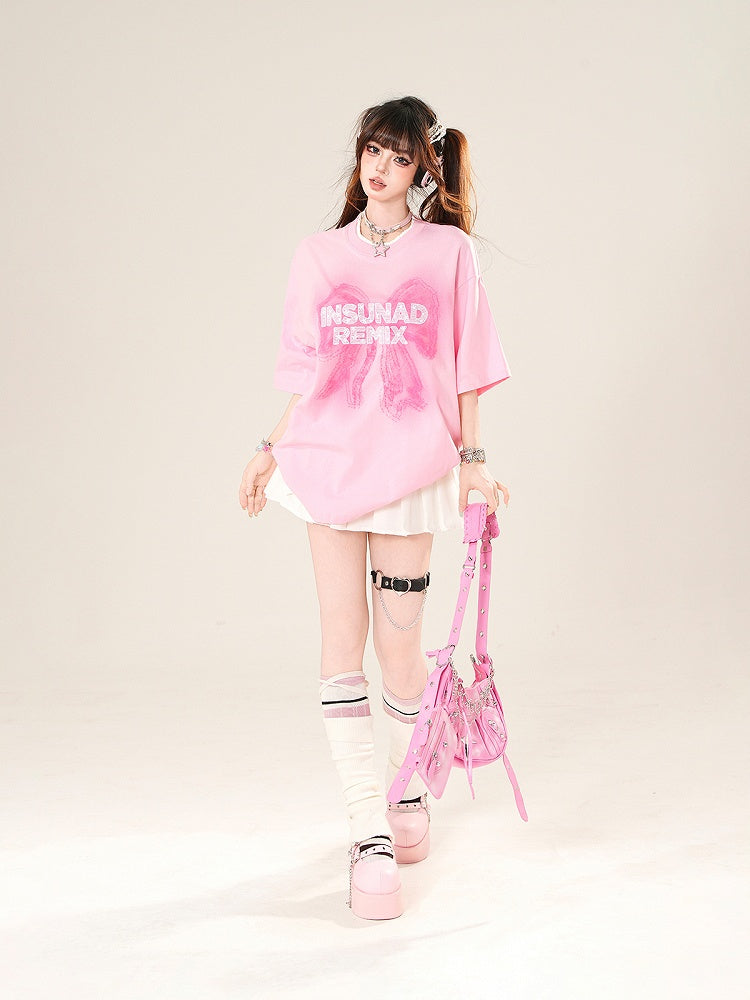 Pink Round Neck Big T-Shirt Bow Print Loose