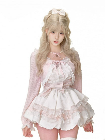 Trim Pink Lace Balloon Cardigan Sleeves Embroidery Cat Long and with