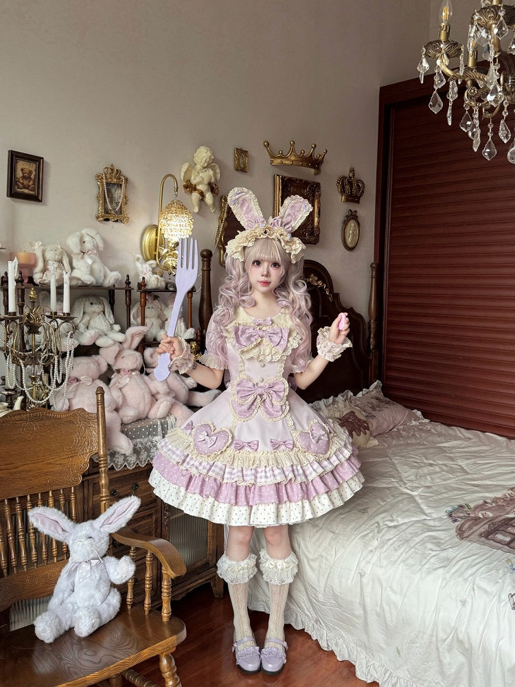 Purple Tiered Skirt OP Sweet Lolita Gown Accented with Bowknots & Heart Motifs - Sweet Crystal