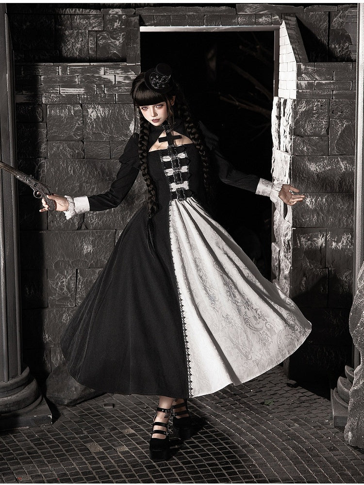 Black and White Gothic Long Lolita OP Gown with Metal Buckle and Mini Hat Set - With PUJI