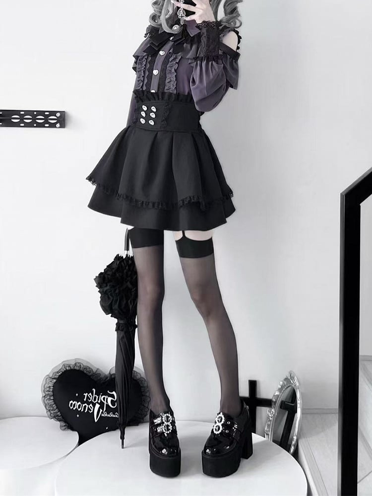 Purple Shoulder with Blouse: Dark Buckle Long Button Kei Heart Sleeve Jirai Front Cutout