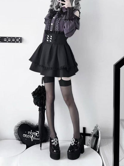 Purple Shoulder with Blouse: Dark Buckle Long Button Kei Heart Sleeve Jirai Front Cutout