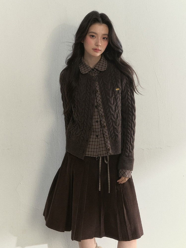 Sweet Plaid Blouse with Pattern Fake Two-piece Brown