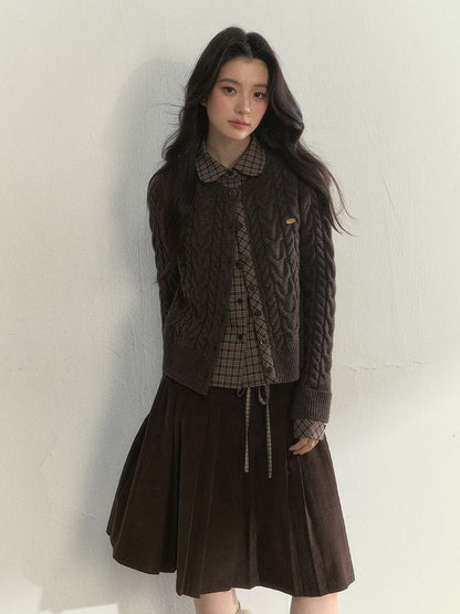 Sweet Plaid Blouse with Pattern Fake Two-piece Brown