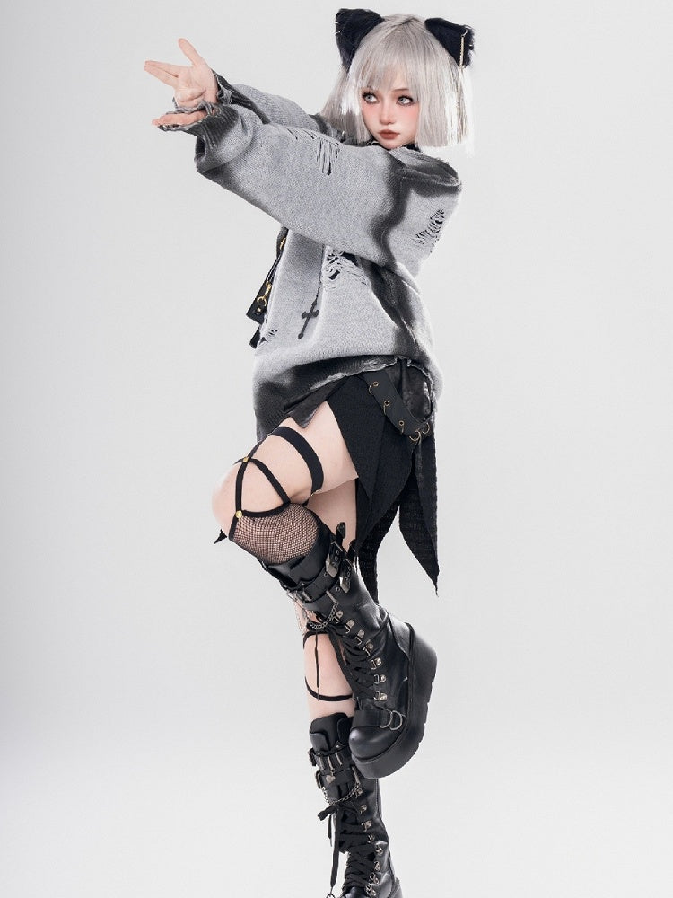 Y2K ブラック/グレー バタフライシェイプ ダメージ加工 ホールズ ラウンドネック セーター